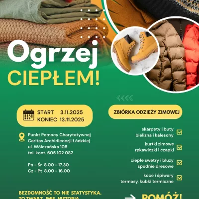 Plakat promujący akcję "Ogrzej ciepłem" prowadzonej przez Caritas Archidiecezji Łódzkiej 