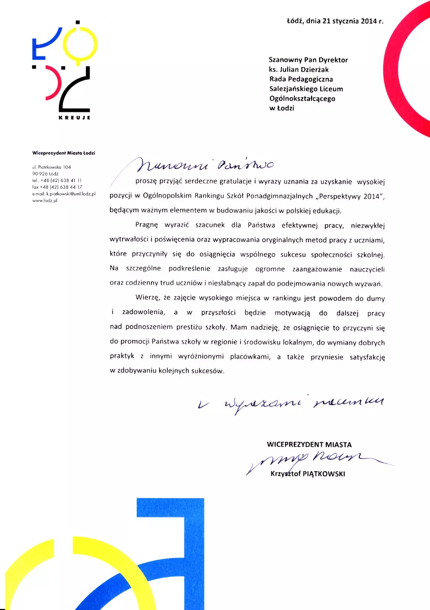 List gratulacyjny dla Salezjańskiego Liceum im. Ks. Bosko od Wiceprezydenta Łodzi Krzysztofa Piątkowskiego