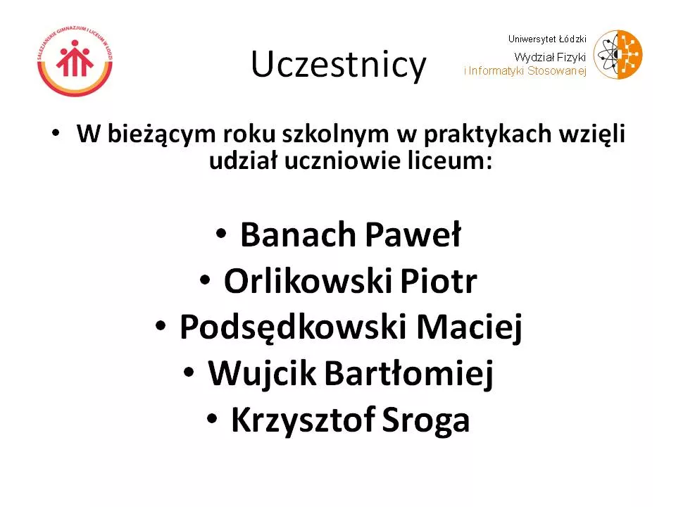 Fizyka - praktyki dla uczniów SLO, 2013/2014