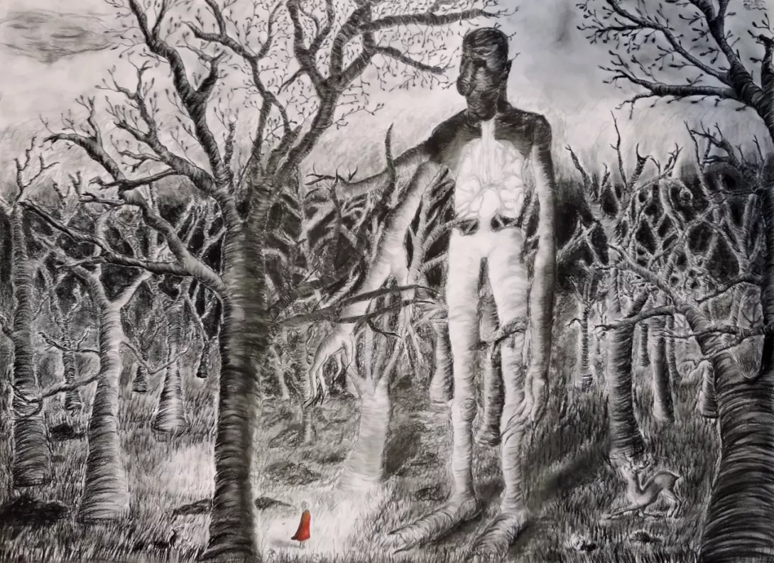 Zew natury, węgiel na papierze, 100x70cm.