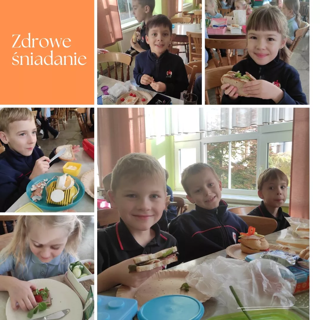 Uczniowie klas pierwszych podczas przygotowywania i spożywania zdrowego śniadania w szkolnej stołówce (kolaż zdjęć).