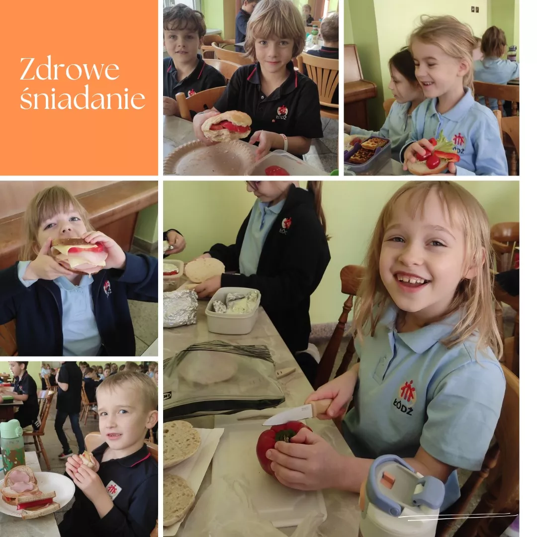 Uczniowie klas pierwszych podczas przygotowywania i spożywania zdrowego śniadania w szkolnej stołówce (kolaż zdjęć).