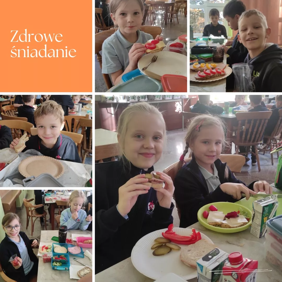 Uczniowie klas pierwszych podczas przygotowywania i spożywania zdrowego śniadania w szkolnej stołówce (kolaż zdjęć).
