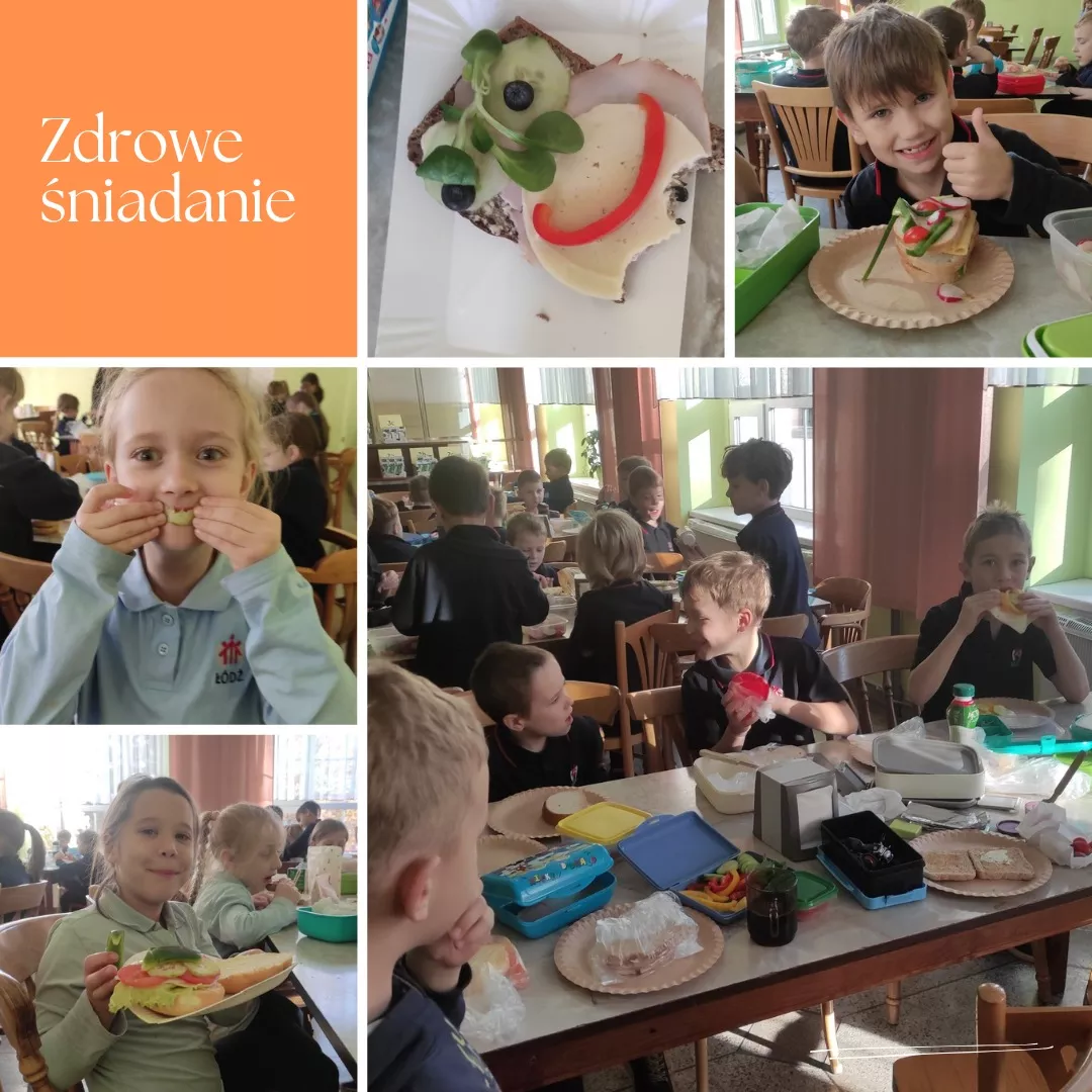 Uczniowie klas pierwszych podczas przygotowywania i spożywania zdrowego śniadania w szkolnej stołówce (kolaż zdjęć).