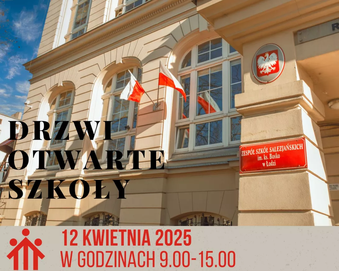 Budynek szkoły z datą najbliższych drzwi otwartych 12.04.2025. 
