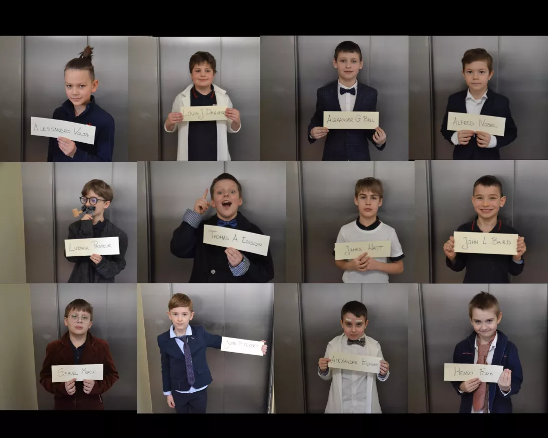 Zdjęcie grupowe uczniów klasy 3b przebranych za wielkich wynalazców. 