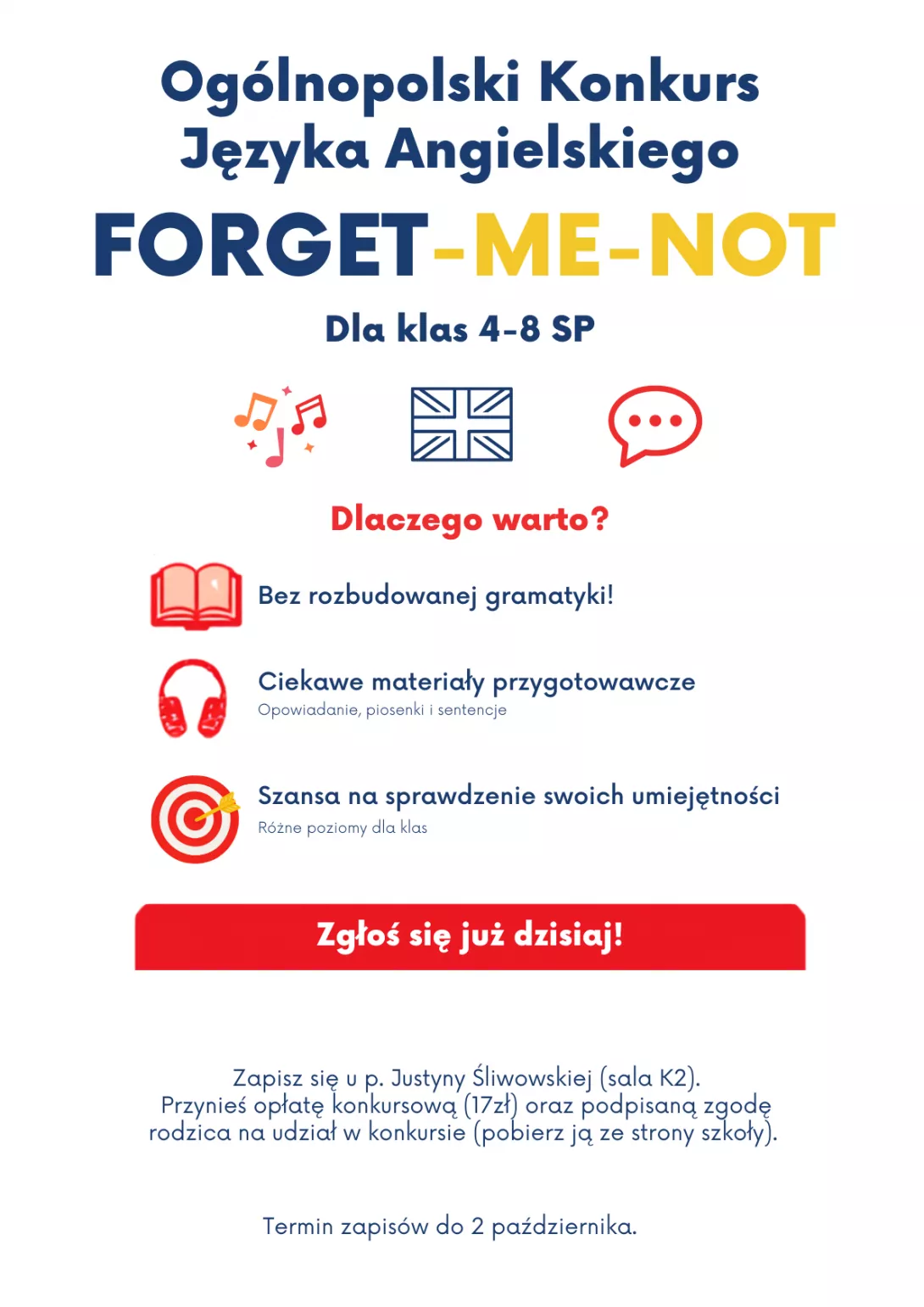 Plakat z informacjami o konkursie języka angielskiego