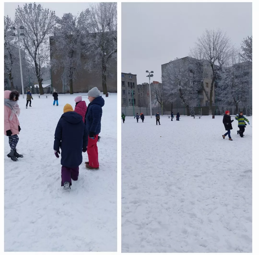 Uczniowie klas 2 podczas lekcji w-fu na boisku szkolnym.