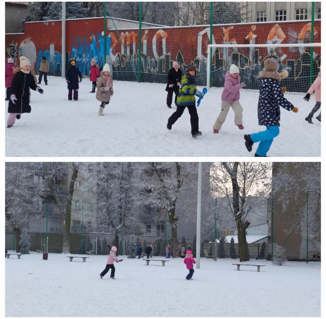 Uczniowie klas 2 podczas lekcji w-fu na boisku szkolnym.