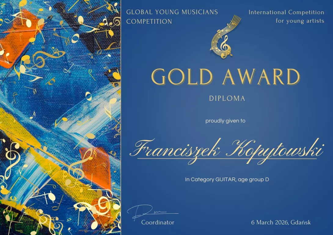 Dyplom Global Young Musicians Competition dla Franciszka Kopytowskiego. 