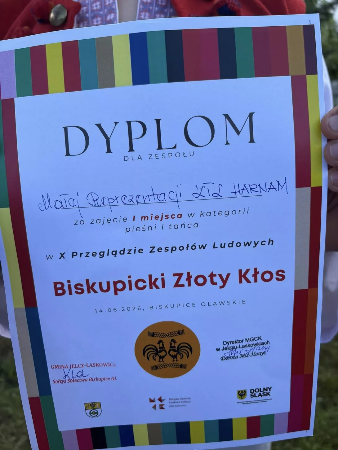 Dyplom za zajęcie I miejsca na X Przeglądzie Zespołów Ludowych o Biskupicki Złoty Kłos